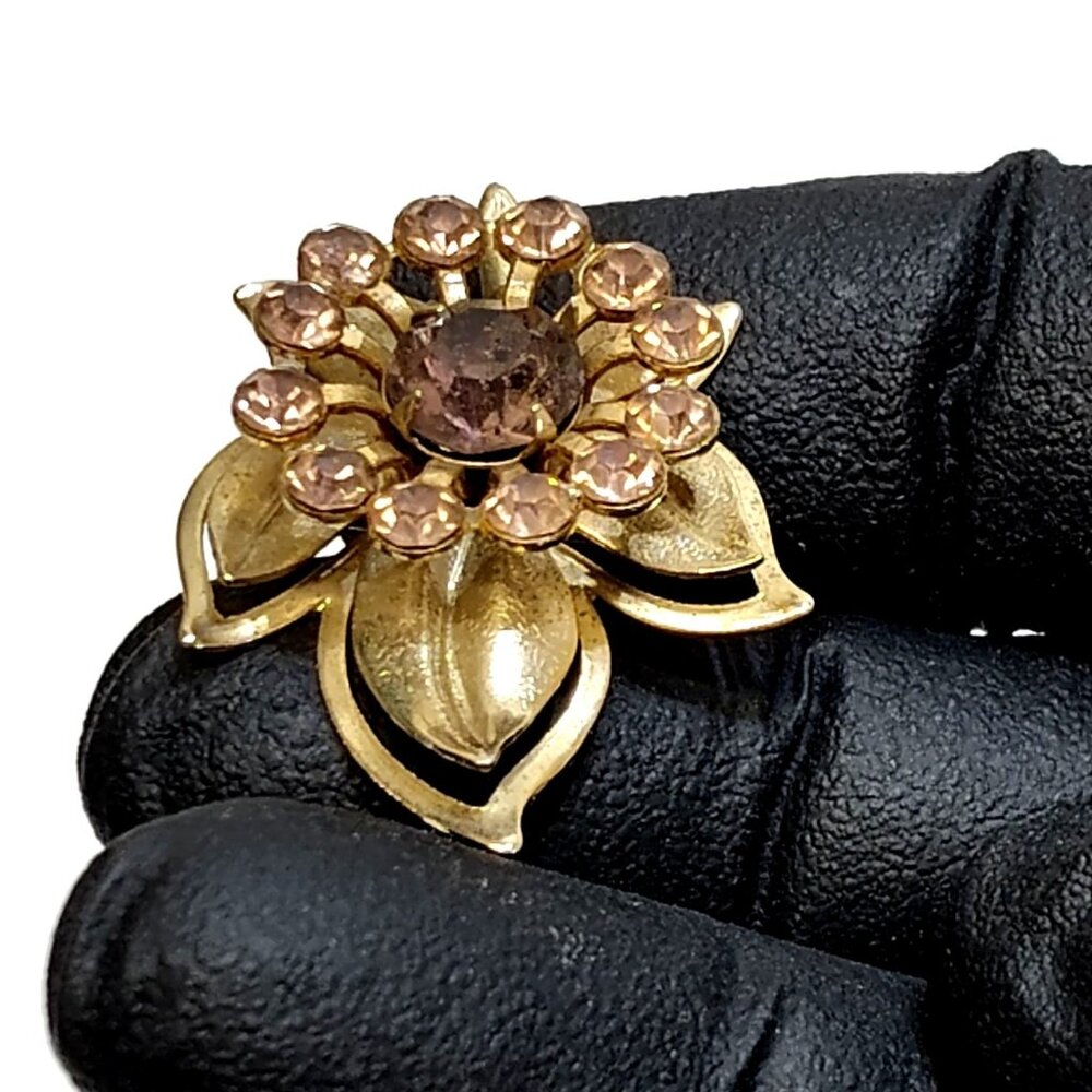 Brooch Fibula Pin Burgundy Rhinestone Gold-Tone Leaf Flower Elegant RARE Vintage